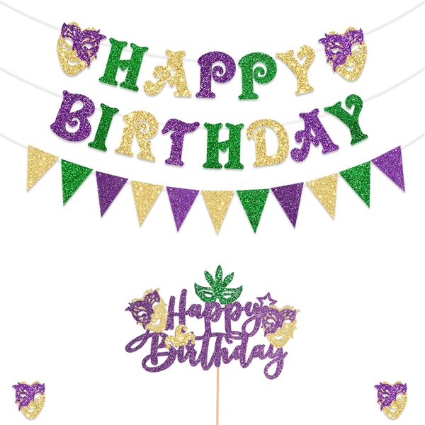 Glitter Mardi Gras Birthday Decorations Banner Mardi Gras Cake Topper Decorations Triangle Pennant Banner Flag for Birthday Decorations Masquerade Mardi Gras Carnival Party Supplies