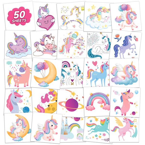 EMOME Girls Party Favors, 50 PCS Kids Tattoos Temporary, Individually Wrapped Tattoos Stickers for Kids, Special for Girls Birthday Party Decorations Supplies Game