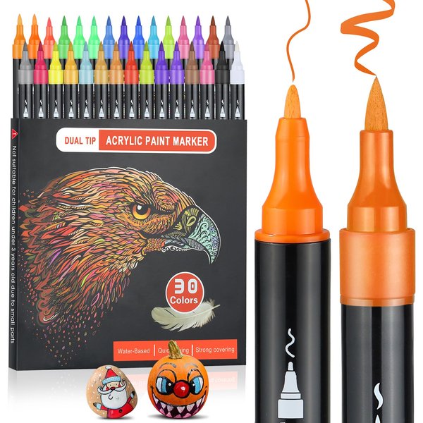 Fbirerising Acrylic Paint Pens Markers Dual Tip 30 Colors Paint Pens Fine Tip and Brush Tip for Rock Painting, Canvas, Wood, Glass, Ceramic, Fabric, Plastic, Egg, Scrapbook,Art Painting