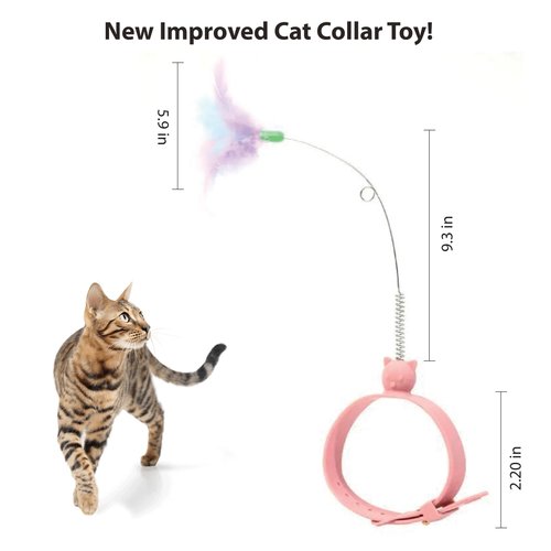 Interactive Cat Collar Feather Toy with Bell, 2 Pack Premium Feather Wand, Lightweight Adjustable Silicone Collar for Indoor Cats, Self Playing Toy with Colorful Natural Feathers (Pink/Blue)