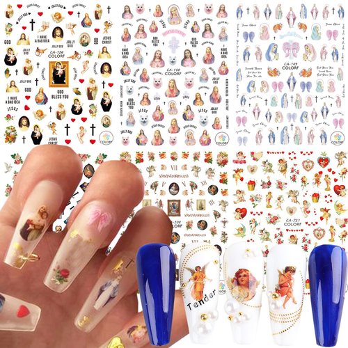 God Jesus Nail Art Stickers, Angel Christ Virgin Maria Love Cupid Flowers Nail Art Decals, Holographic 3D Angel Self-Adhesive Nail Sticker Design for Women Girls Manicure Charms Decorations