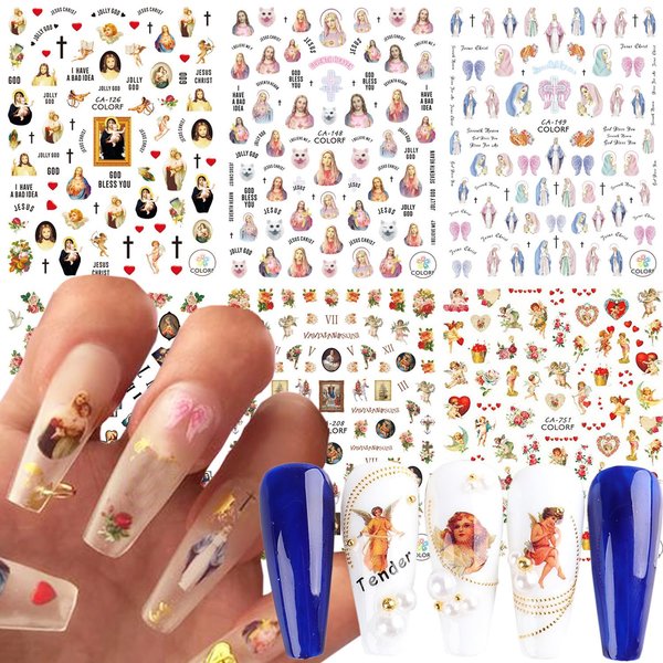 God Jesus Nail Art Stickers, Angel Christ Virgin Maria Love Cupid Flowers Nail Art Decals, Holographic 3D Angel Self-Adhesive Nail Sticker Design for Women Girls Manicure Charms Decorations