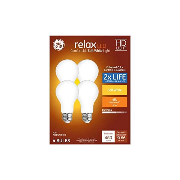 GE Relax 4-Pack 40 W Equivalent Dimmable Soft White A19 LED Light Fixture Light Bulbs