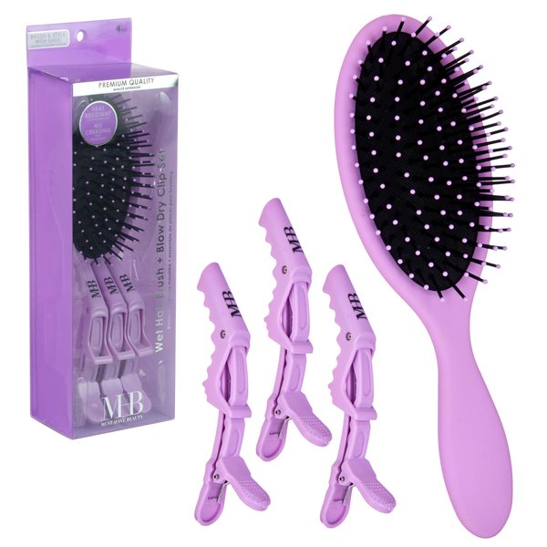 Expressions 4pc Wet & Dry Detangling Hair Brush + Blow Dry Clips Set in Lavender -Free Blow Dry Clip Value Pack, Hair Brush & Heat Resistant Hair Styling Clips | Professional Quality