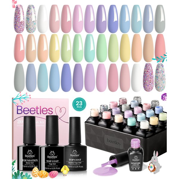 Beetles 23Pcs Pastel Gel Nail Polish Kit with 3Pcs Glossy & Matte Top Coat and Base Coat, Spring Paradise Pink Blue Girl Bright Solid Sparkle Glitters Uv Easter Gel Polish Easter in Dreamland