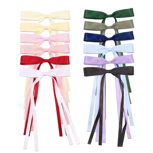Silky Satin Hair Bows Clips For Women, 12pcs Hair Ribbon, Long-Tailed Gentle And Cute Bows With Metal Crocodile Clips, Small Bows For Hair, Bow Hair Accessories For Girls And Women.