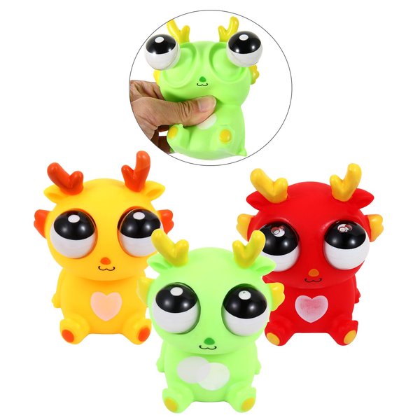 YUE MOTION Squishy Ball - 3 Pack- Eye Popping Squishy Fidget Toys - Push & Stretch Rubber Ball for Calming Relief, Hand Exercise - Cute & Funny Animal with Eye Poppers (Eye Popping Cute Dragon)