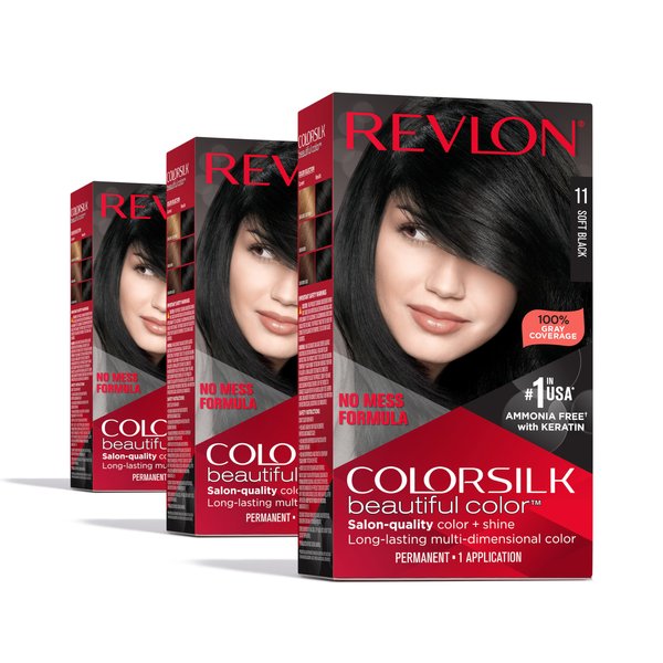Permanent Hair Color by Revlon, Permanent Hair Dye, Colorsilk with 100% Gray Coverage, Ammonia-Free, Keratin and Amino Acids, 011 Soft Black, (Pack of 3)