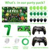 Vlipoeasn 90PCS 7th Birthday Video Game Party Decorations for Boys Set Green 7th Birthday Supplies -7th Video Game Backdrop, Balloons, Tablecloth, Gamer and 7 Foil Balloons for 7th Birthday Party