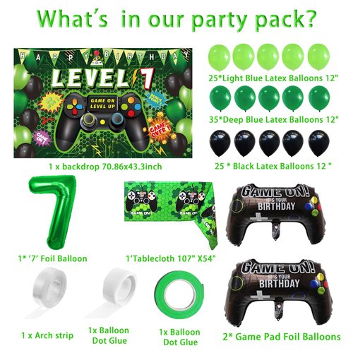 Vlipoeasn 90PCS 7th Birthday Video Game Party Decorations for Boys Set Green 7th Birthday Supplies -7th Video Game Backdrop, Balloons, Tablecloth, Gamer and 7 Foil Balloons for 7th Birthday Party