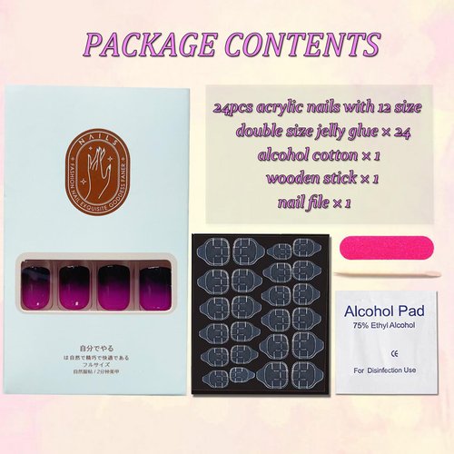 OHWODA Square Press on Nails Short - Gradient Color Fake Nails Press ons Square Shaped - Advanced French Stick on Nails - 24 Pcs Glue on False Nail Tips in 12 Sizes (Gradient Purple)
