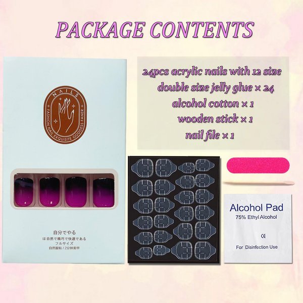 OHWODA Square Press on Nails Short - Gradient Color Fake Nails Press ons Square Shaped - Advanced French Stick on Nails - 24 Pcs Glue on False Nail Tips in 12 Sizes (Gradient Purple)