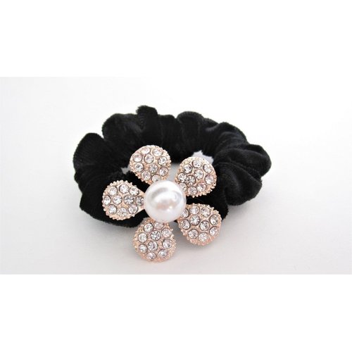 Flower shaped hair tie pony tail holder scrunchie with crystals and pearl