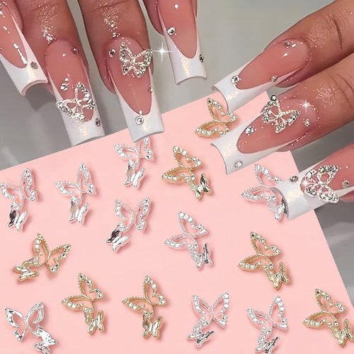20Pcs Alloy Butterfly Nail Charms 3D Metal Shiny Crystal Butterfly Nail Charms for Acrylic Nails, Gold Silver Butterfly Nail Rhinestones Butterflies Shape Nail Jewelry for DIY Acrylic Nail Decorations