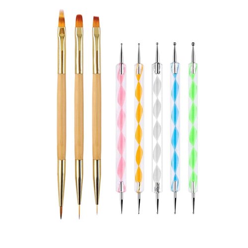 KLDKUST 5PCS Dotting Pens and 3PCS Nail Painting Brushes, Double Ended Nail Brushes and Dotting Tool Kit, Nail Art Design Tools