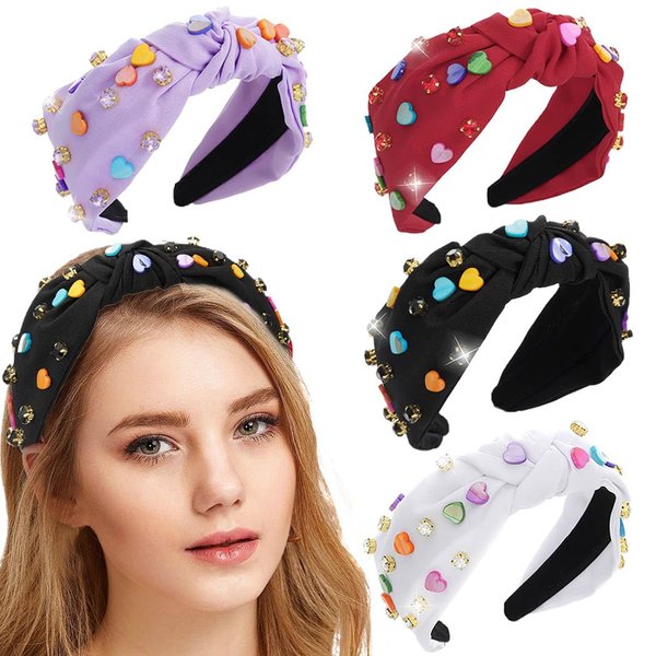 Yovic Black Knotted Headbands Rhinestone Beaded Headband Crystal Wide Hairbands Heart Women Hair Accessories Cute Headpiece 1PCS (Black)