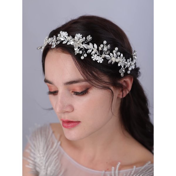 JWICOS Bride Wedding Hair Vine Pearl Bridal Headpieces Leaf Wedding Headband Flower Bridal Hair Piece Crystal Wedding Hair Accessories for Women and Girls (silver)