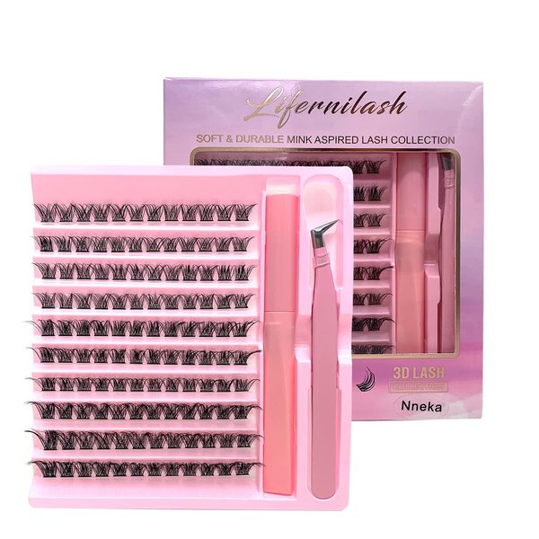 Lifernilash DIY Natural Lash Extension Kit 120Pcs Lash Clusters Kit Wispy Eyelash Extensions 10-14MM Individual Lashes Extensions with Lash Glue and Eyelash Extension Tweezers (Nneka)