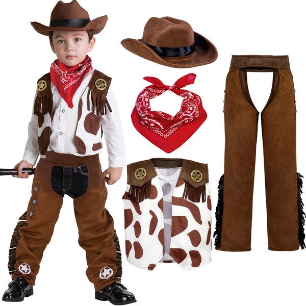 Spooktacular Creations Halloween Cowboy Costume for Boys, Kids Cowboy Costume Set, White&Brown Western Style Cowboy Outfit with Cowboy Hat for Toddler Dress-up, RolePlay Party (Medium (8-10 YRS))