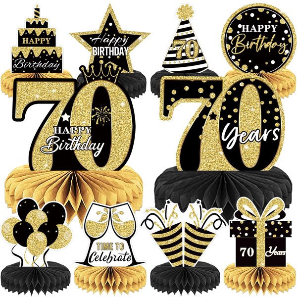 10PCS Black Gold 70th birthday decorations for Men and Women，70 birthday Decorations Honeycomb table centerpieces，Happy 70th Birthday Centerpieces Tables Toppers，70th Birthday Table Sign Decor