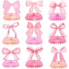 9Pcs Pink Bow Party Honeycomb Centerpieces Decorations, Pink Bow Coquette Birthday Decorations, Pink Bow Paper Cutouts Coquette Party Supplies for Bridal Engagement Bachelorette Wedding Party Decor