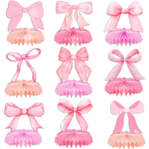 9Pcs Pink Bow Party Honeycomb Centerpieces Decorations, Pink Bow Coquette Birthday Decorations, Pink Bow Paper Cutouts Coquette Party Supplies for Bridal Engagement Bachelorette Wedding Party Decor