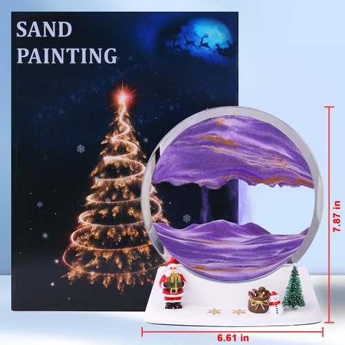 Moving Sand Art Lamp Round Glass Flowing Sand Frame, Sand Art Liquid Motion and 3D Deep Sea Moving Sandscapes, Office Home Decor, for Christmas(7", Purple with Light)
