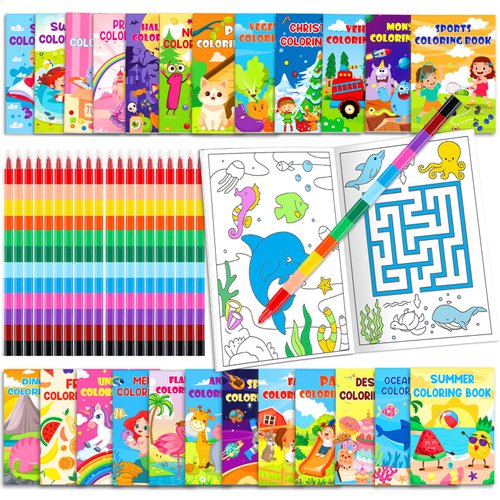 Lionoble 24 Pack Coloring Books for Kids with 24 Stacking Crayons Set Mini Coloring Books Bulk for Kids Ages 4-8-12 Small Activity Books for Birthday Party Favors Gifts Goodie Bags Stuffers Classroom