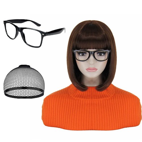 Bopocoko Brown Bob Wigs for Velma Costume Women Girls with 1*Black Glasses Short Bob Hair Wig with Bangs Natural Cute Synthetic Colorful Wigs for Party Halloween BU027DBR