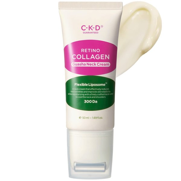 CLEADERM CKD Guasha Neck Cream with Small Molecule Retino Collagen, Anti-Aging Neck Firming Cream for Tightening Sagging Skin, with Steel Roller to Improve Circulation & Complexion, 1.69oz.