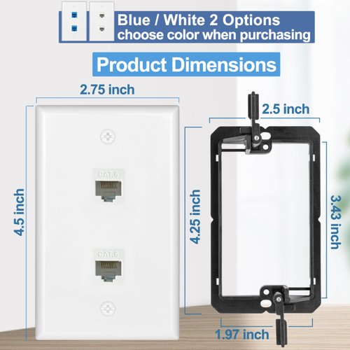 5 Pack Ethernet Wall Outlet 2 Port Cat6 Wall Plate with Low Voltage Mounting Bracket Jack RJ45 Keystone Network Cables Inline Coupler Wires Connector Date Box Cover Double White 2Port 6a
