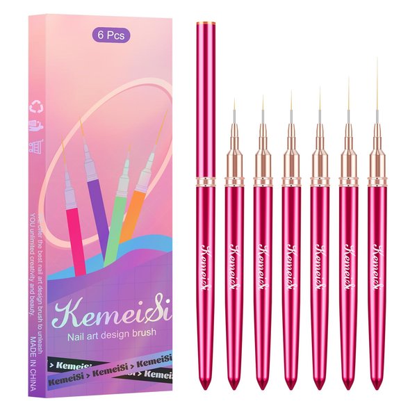 KEMEISI 6Pcs Nail Art Liner Brushes, Striping Nail Art Brush for Gel Polish Painting, Thin Detail Brush Fine Drawing Art Design Pen Size 5/7/9/11/15/25mm