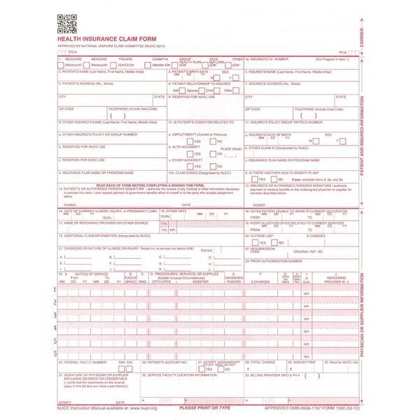 for Handwritten Use - CMS 1500 / HCFA 1500 Medical Billing Forms (CMS12S) - 500 Sheets