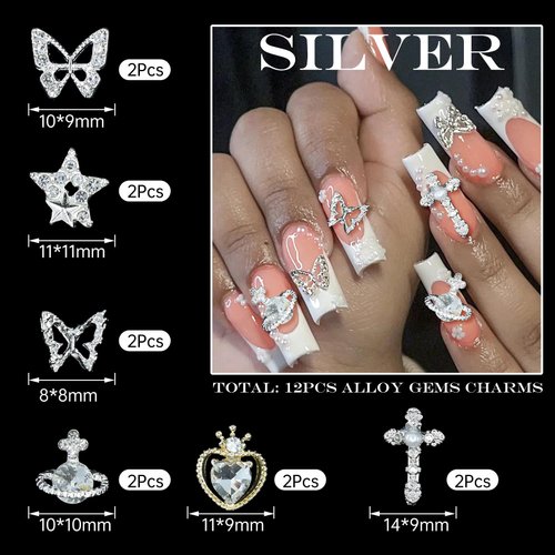 100Pcs Alloy Nail Gems Charms Planet Heart Butterfly Star Cross Nail Charms with Rhinestones Gems White 3D Assorted Flower Bow Nail Art Charms for Nail Art DIY Manicure Jewel Accessories