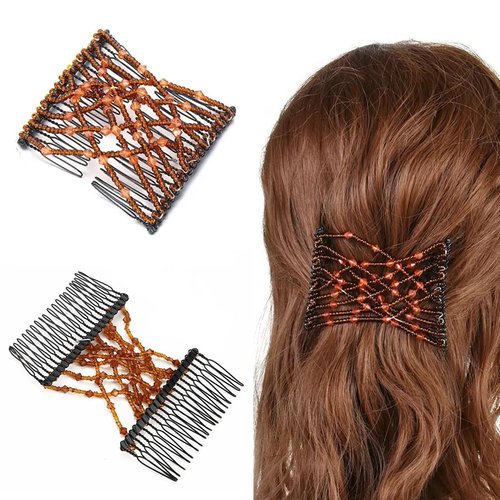 5 Pieces Stretchy Beaded Hair Combs Magic Hair Comb Adjustable Elastic Comb Hair Clip for Women Girls No Crease Hair Pins Vintage Hair Bun Maker Hair Accessories for Curly Thick Wavy Hair Ponytail