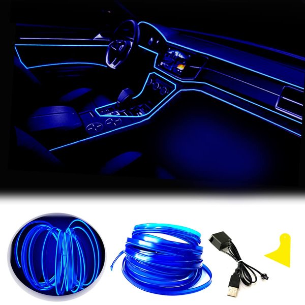 Maxlaxer El Wire Blue Interior Car LED Strip Lights, 10M Neon Wire USB 5V with Fuse Protection for Automotive Car Interior Decoration with 6mm Sewing Edge