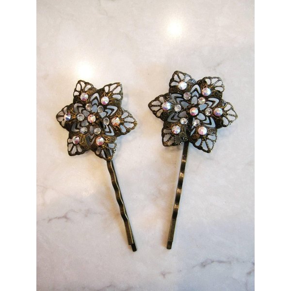 Antique bronze hair pin with crystals (set of two)