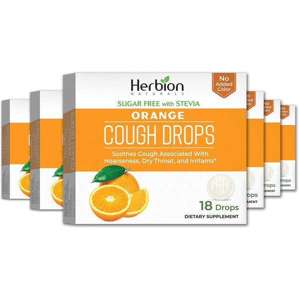 Herbion Naturals Cough Drops with Orange Flavor, Sugar-Free with Stevia, Soothes Cough, For Adults, Children 6 years and above, 6 pack (108 Lozenges)