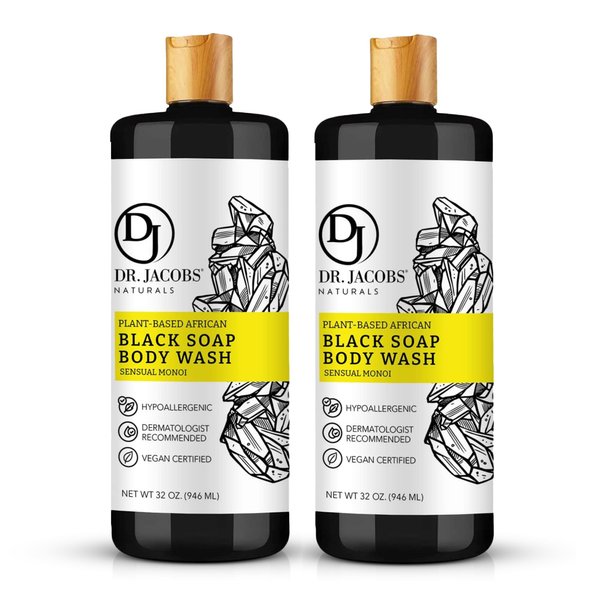 Dr Jacobs Naturals Authentic African Black Liquid Soap with Sensual Monoi Scent | All-In-One Face Wash, Sensitive Skin Body Wash, Shampoo, Shaving Soap | Moisturizing and Nourishing Formula | 32oz 2pk