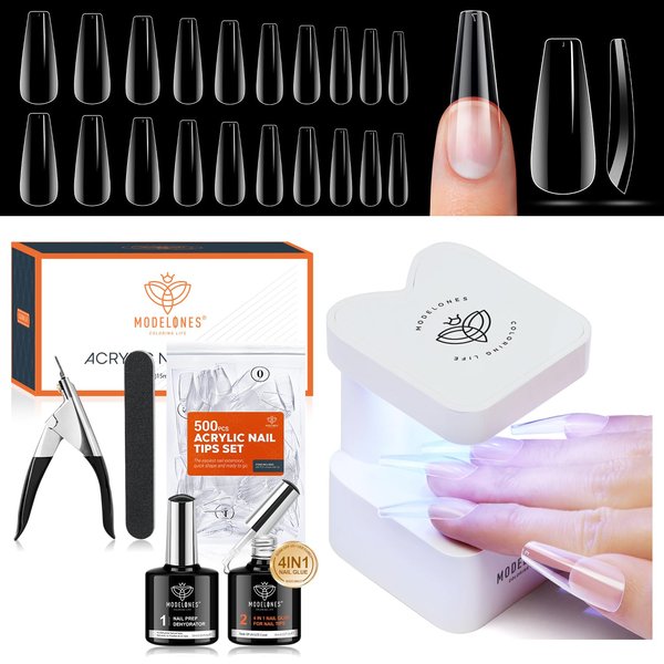 Modelones Gel x Nail Kit , Nail Tips and Glue Gel Kit with 4-in-One Nail Glue Gel, Ultra-Portable LED Nail Lamp, 500Pcs Coffin Nail, Nail Prep Dehydrate, Gel Nail Extension Kit Salon Gifts for Women