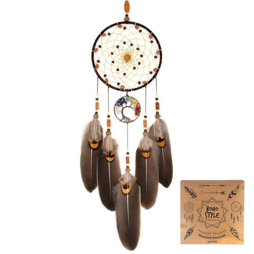 Urdeoms Tree of Life Dream Catchers for Bedroom Adult Brown Boho Dream Catcher Wall Decor for Girls Chakra Crystal Healing Stones Hanging Ornament Room Decoration 18" Length(NO.12)