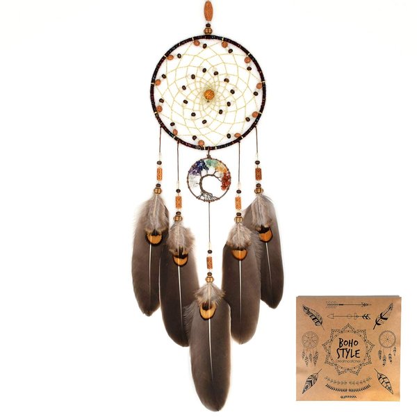 Urdeoms Tree of Life Dream Catchers for Bedroom Adult Brown Boho Dream Catcher Wall Decor for Girls Chakra Crystal Healing Stones Hanging Ornament Room Decoration 18" Length(NO.12)