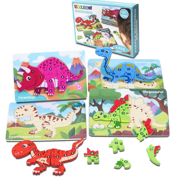EOOLEOW Puzzles for Kids Ages 4-6, 4 Packs Wooden Puzzles for Toddlers 1-3, Dinosaur Toys Puzzles for Toddlers 2-4, Toddler Puzzles for Boys and Girls 3-6 Years Old