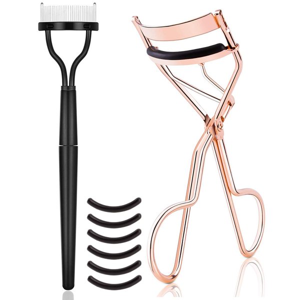 TPPICK Eyelash Curler Kit Metal Lash Curlers with Mascara Applicator Eyelashes Separator Comb & 6 Replacement Refill Pads (Rose Gold)