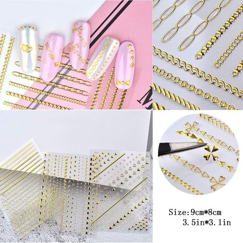 8 Sheets Gold Nail Art Stickers Decals 3D Self-Adhesive Nail Art Design Metallic Chains Line Triangle Heart Circle Nail Decoration Holographic Glitter Nail Supplies for Women Girls Manicure Sticker
