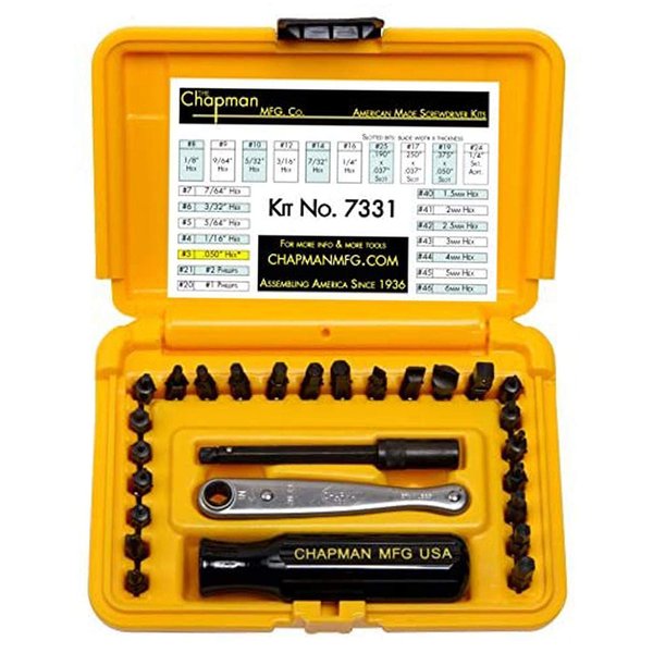 Chapman MFG 7331 All-Purpose Standard Screwdriver Set - Includes Phillips, SAE Allen Hex & Slotted/Flathead Bits - Complete Set Offers 24 USA Made Insert Bits + Mini Ratchet Hand Tool (Yellow Case)