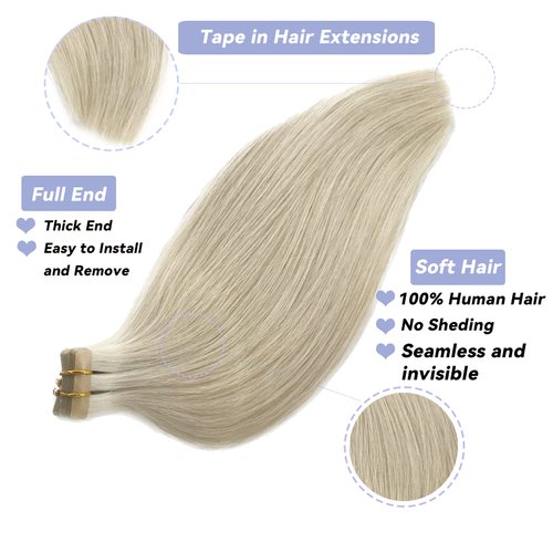 Ice White Tape in Hair Extensions Human Hair for Women,Ice White Seamless Skin Weft Tape in Soft Straight 100% Real Human Hair Extensions Tape ins Invisible Hair Extensions 14Inch Glue in Extensions
