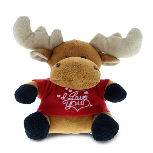 DolliBu I Love You Valentine Plush Sitting Moose - Cute Stuffed Animal with Red Shirt and Name Personalization Gift for Valentine's Day, Birthday, Anniversary, Romantic Date - 6 Inches