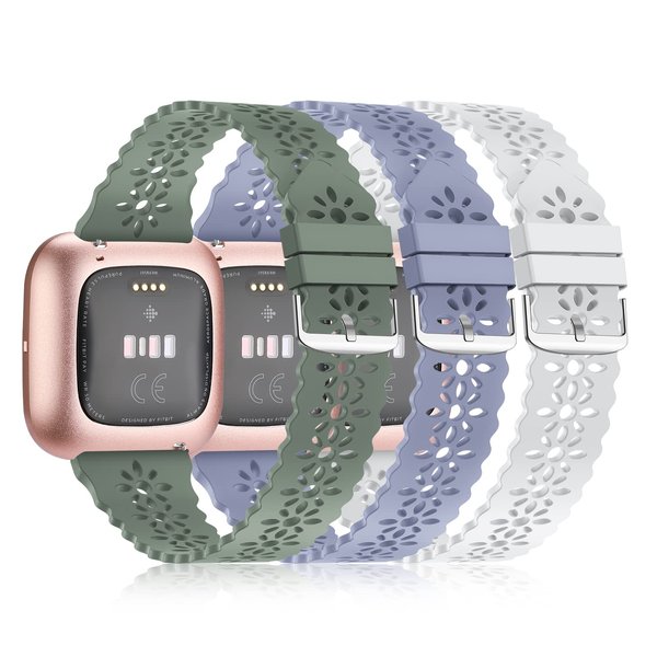 YAXIN 3 Pack Slim Sport Bands Compatible with Fitbit Versa/Fitbit Versa 2/Fitbit Versa Lite for Women, Lace Silicone Replacement straps for Fitbit Versa Smart Watch,Lavender Gray/Light Gray/Pine Green