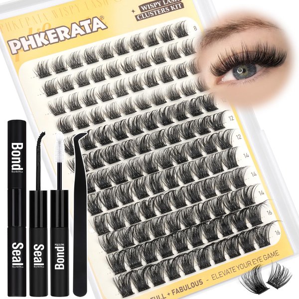 PHKERATA Lash Clusters Kit Wispy Lash Extension Kit Natural DIY Cluster Eyelash Extensions Kit 120pcs D Curl Volume Individual Lashes with Lash Glue Bond and Seal and Eyelash Clusters Tweezers, 8-16mm